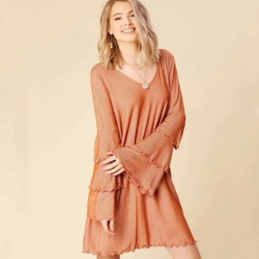 Altar’d State Women Tiered Ruffled Sleeve Burnt Orange Striped Midi Dress